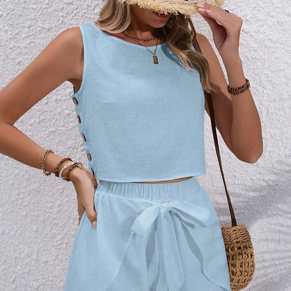 Blue Casual Women's Summer Loose Fit Side Button Design Tank Top & Waist Tie Set - Picture 4 of 7